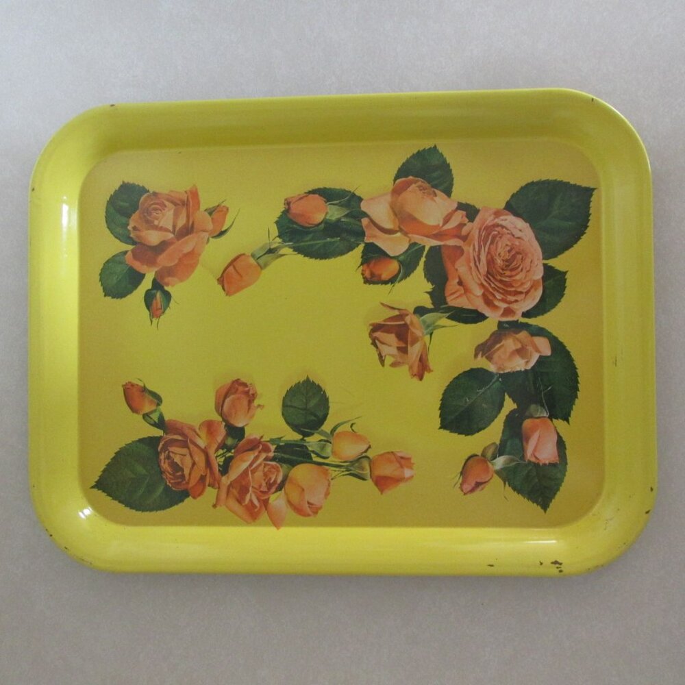 VINTAGE METAL TRAY YELLOW PEACHY PINK ROSES RECTANGLE SERVING SHABBY CHIC COTTAG - Picture 3 of 6